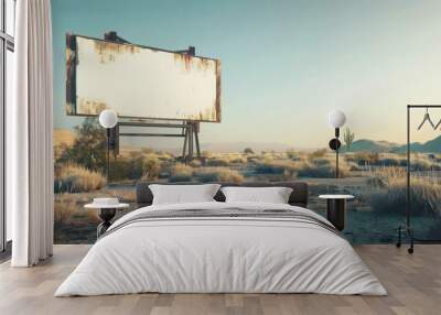 A vintage billboard on a desert road, white blank board, weathered and aged look, surrounded by sand dunes and a clear sky Wall mural